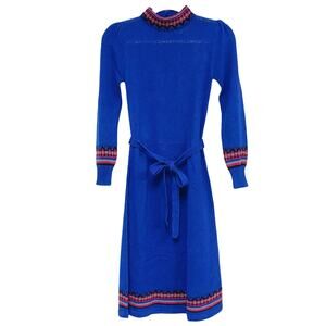 Vintage MS II Petites Womens Size S Blue Nubby Knit Mockneck 70s Dress